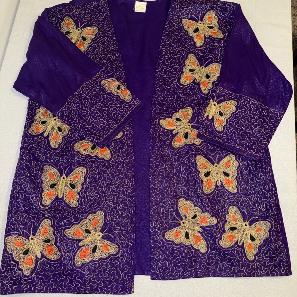 Vintage Embroidered Butterfly Kimono Jacket Purple Boho Duster OS Festival
